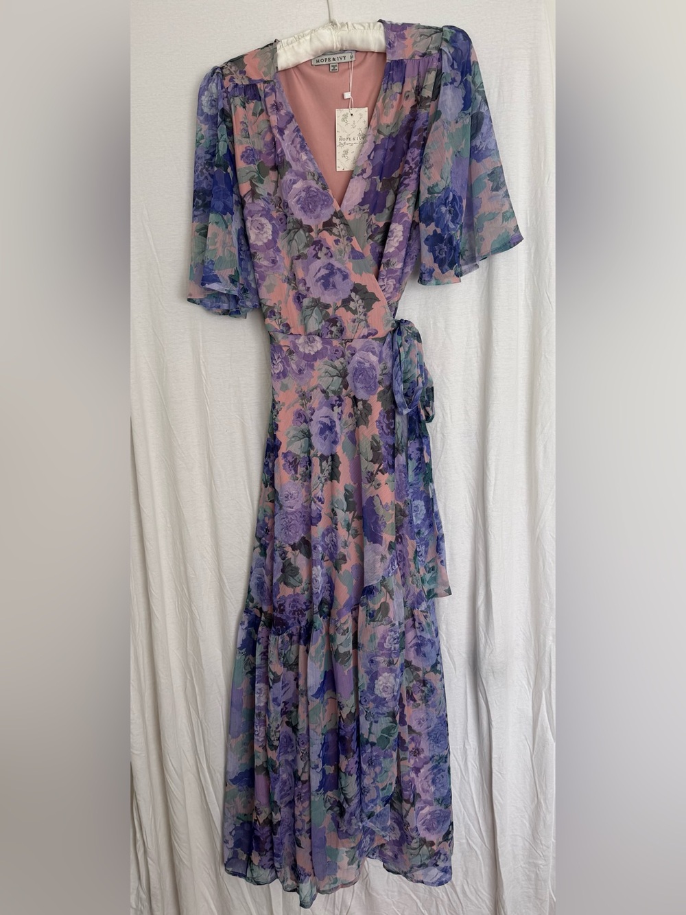 Hope & Ivy Floral Lavender Wrap Maxi Dress with Pink Accents